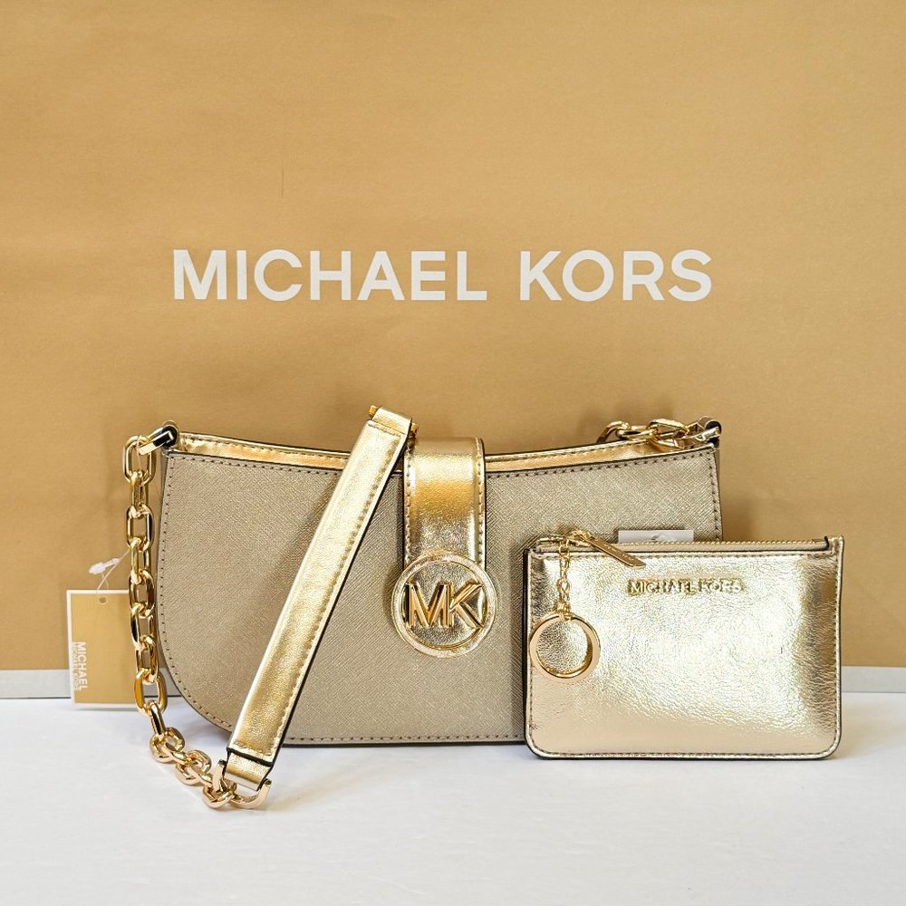 Michael Kors Carmen Small Shoulder Chain Bag + Coin ID Key Wallet Pale Gold